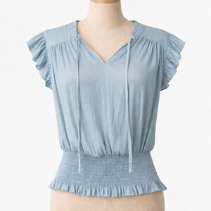 Preppy Satin Ruffle Peplum Top Size M Light Blue Smocked Coquette Romantic Twee